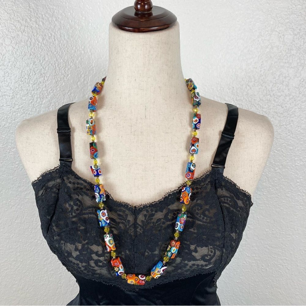 Vintage Italian Murano Moretti Millefiori Art Glass Beaded Necklace 30” *Read View 2